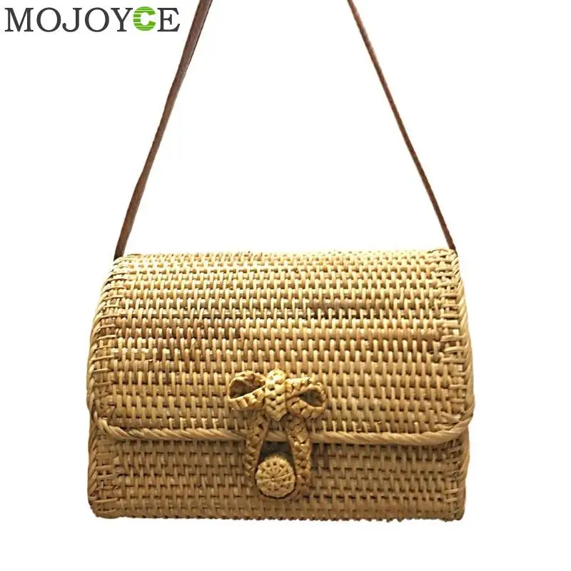 

New Women Shoulder Bags Vietnam Rattan Handmade Weave Straw Bag Summer Bali Bohemian Beach Travel Knitted Bow Hasp Crossbody Bag