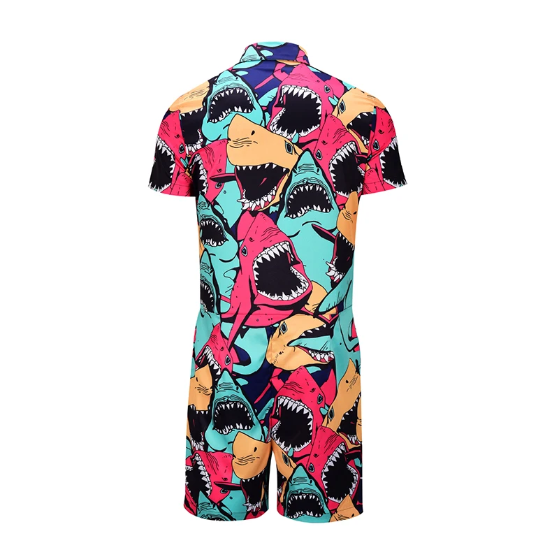 New Shark Print Rompers Men Short Sleeve Cartoon 3d Jumpsuit Playsuit Harem Cargo Overalls Mens Sets 2
