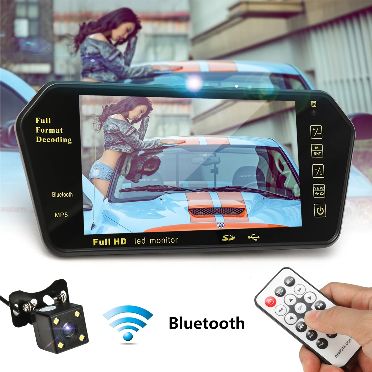 

7" LCD MP5 Player bluetooth Car Rear View Mirror Monitor Remote Control + FHD Wired Car Reverse Backup Camera Night Vision