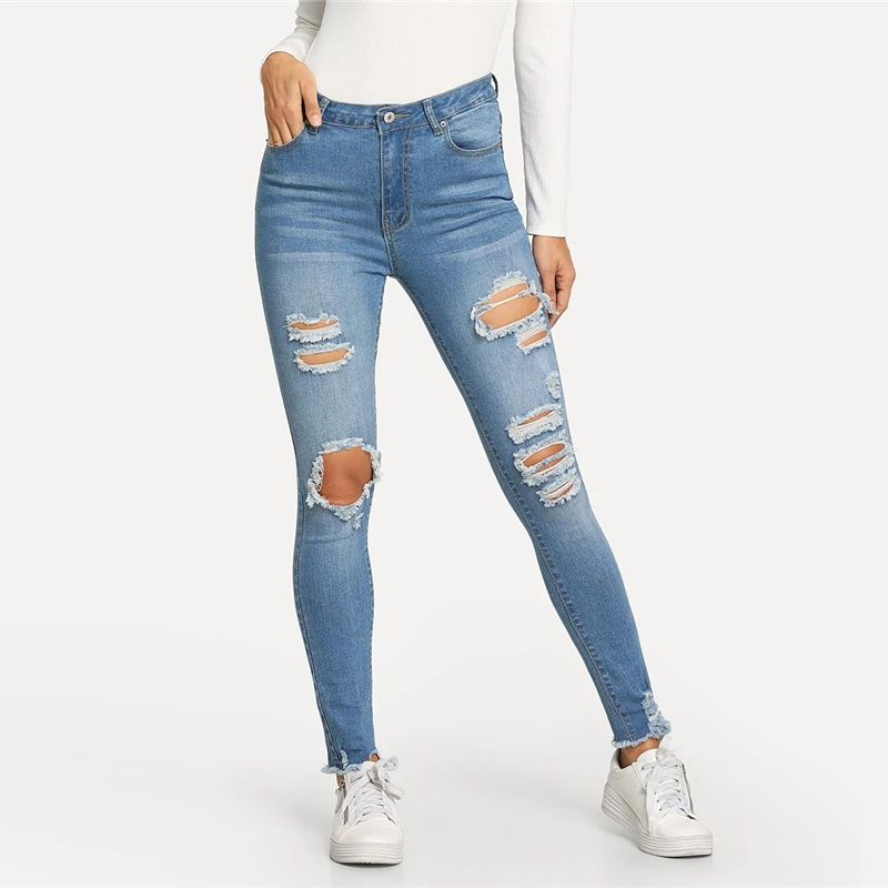 Dotfashion Синие рваные обтягивающие джинсы для женщин повседневные 2019 осенние джинсовые брюки женские s корейские уличные прямые брюки