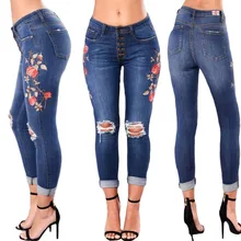 Для женщин джинсы модный стиль джинсы прямые с прорезями отверстия, первоклассное, кружевное, красное платье стрейч джинсы Большие размеры, S-3XL