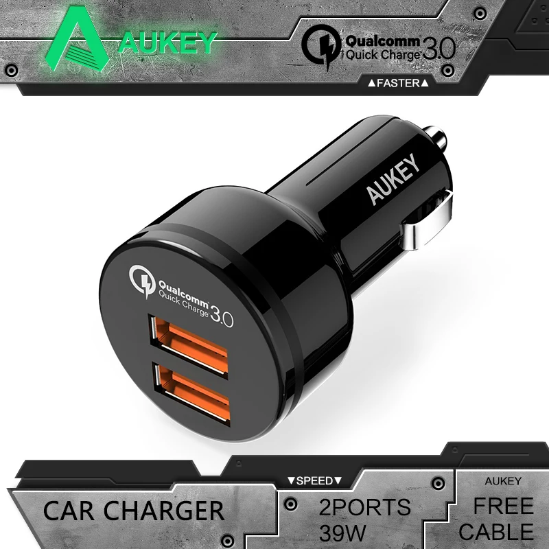  Aukey Universal Black Quick Charger 3.0 2 Ports Support QC3.0 36W USB Car Charger With Cable Charger For Samgsung Note 4 Xiaomi 