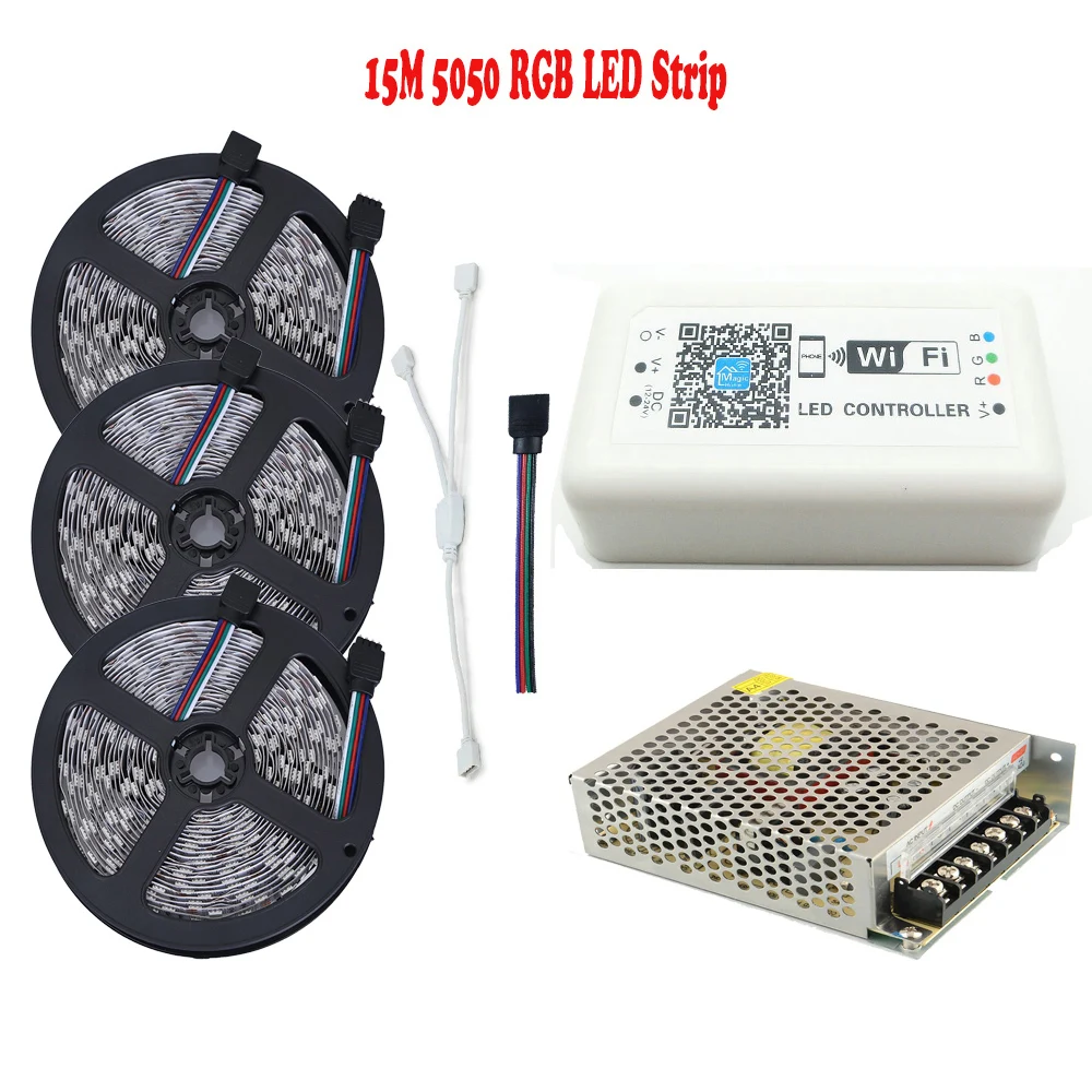 15 м 10 м 5 м 5050 IP65 RGB Светодиодные ленты диод свет DC12V 60leds/M Smart + WiFi управление; IOS Android Управление AC Питание
