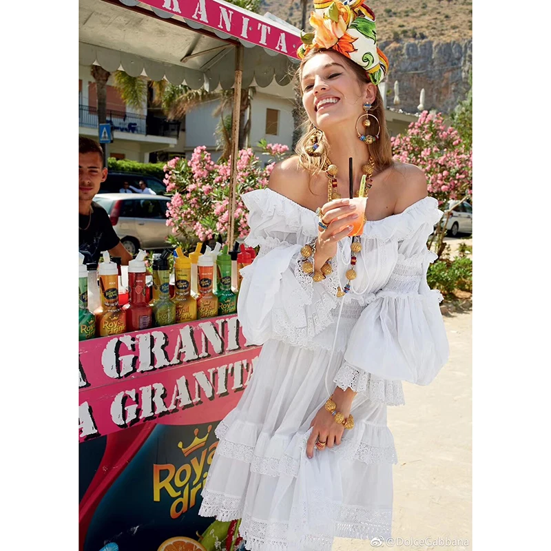 

Sexy Elegant Off Shoulder White Lace Chiffon Patchwork Dress Women's Summer Long Sleeve Elasticity Waist Bohemian Beach Dress