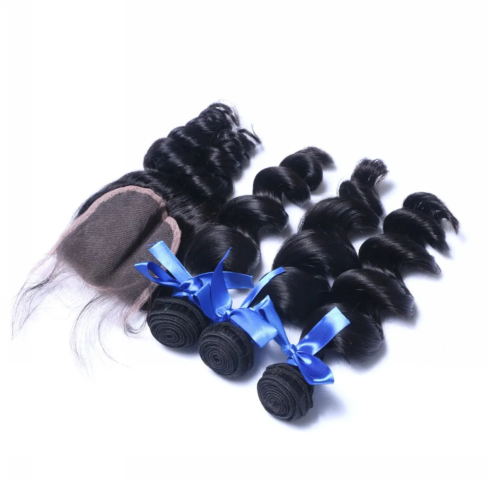 

Unprocessed Virgin Malaysian Loose Wave Human Hair Weft With Lace Closure 4 Bundles Malaysian Loose Wave With Closure