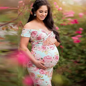 

Emmababy Hot Sale Bohemmian Cute arrival Maternity Shoulderless Pink Gloral Summer Sheath Sexy V-Neck Pregnant Dress Ruffles