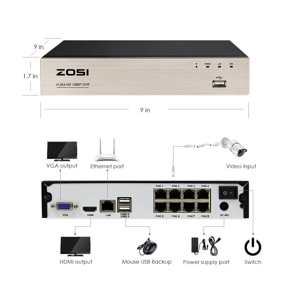 ZOSI 8CH NVR 1080P IP сеть POE видео запись ИК наружная камера видеонаблюдения системы