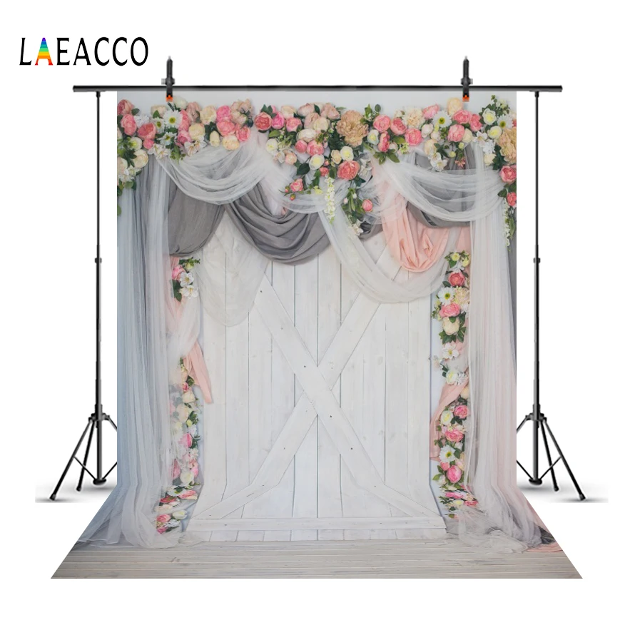 

Laeacco Wedding Backgrounds Flower Wreath Curtain Gray Wooden Wall Stage Party Baby Portrait Photography Backdrops Photo Studio
