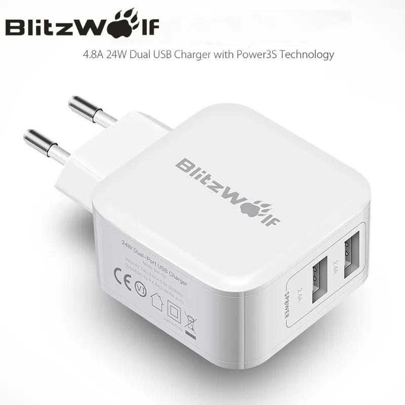 

BlitzWolf Dual USB Charger Travel Wall Charger Fast Mobile Phone Charger Adapter 2.4A EU AU For iPhone X 8 Plus 7 6s For Samsung