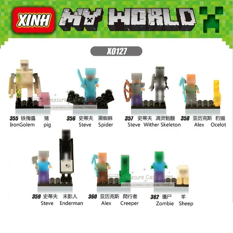 

NO.355-360 362 IronGolem and Pig Steve Steve and Skeleton Alex and Ocelot Steve Zombie figure Super Hero Building Toys Blocks