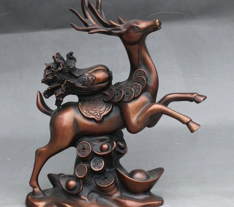 

11" Chinese Fengshui Bronze Yuanbao Money Fu Cabbage Deer Animal Wealth Statue