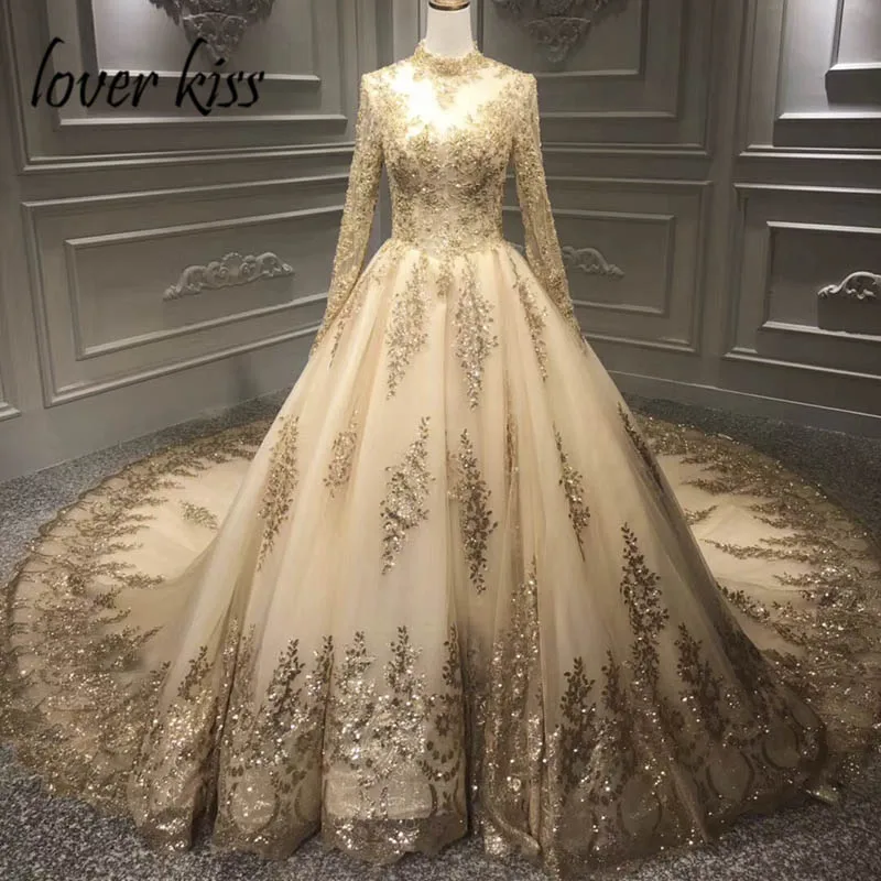 long sleeve gold wedding dress
