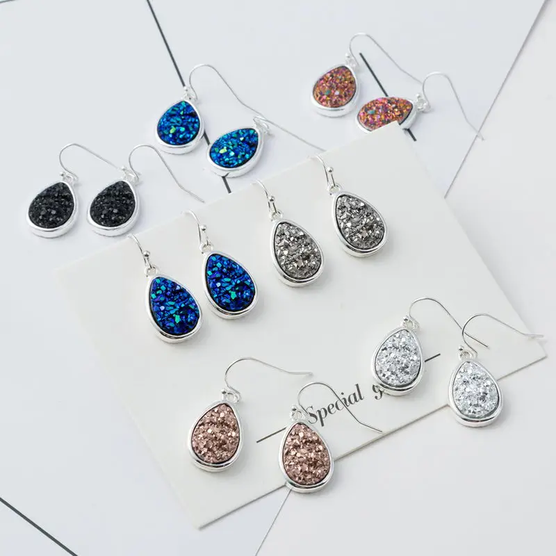 

2018 New Silver Teardrop Resin Druzy Dangle Earrings for Women Fashion Statement Earrings Christmas Jewelry Wholesale