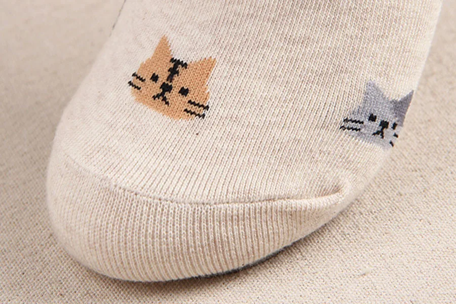 Women's Cute Cat Print Thick Cotton Socks Beige Details 2 