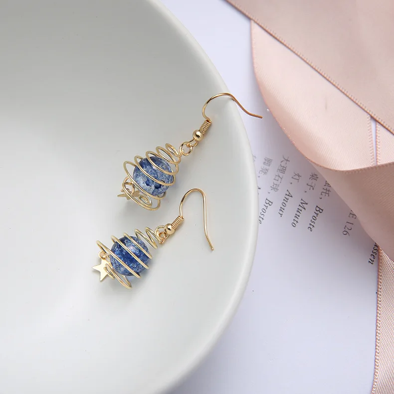 

Unique Cute Spiral Cosmic Universe Jewelry Gold Color Planet Five-pointed Star Drop Earrings Blue Beads Pentagram Earrings Gif
