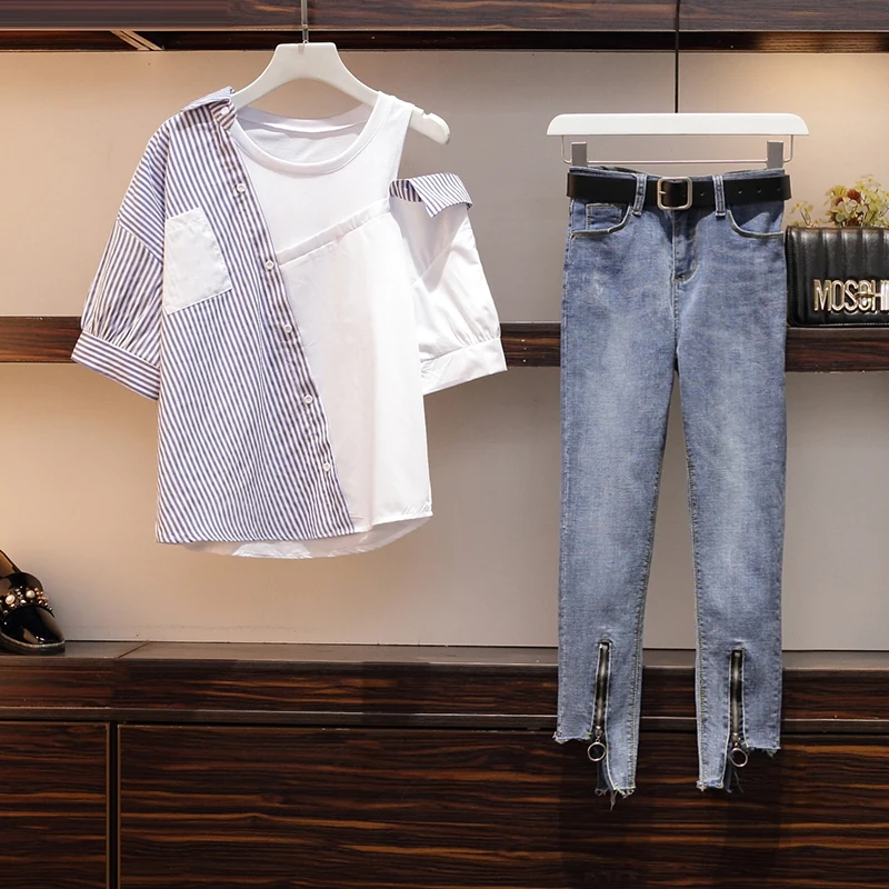 

Plus size 4xl Korean Denim 2 Piece Set Women Botton Denim Blouse+Zipper Pants Female Casual Elegant Two Piece Set Vestidos women