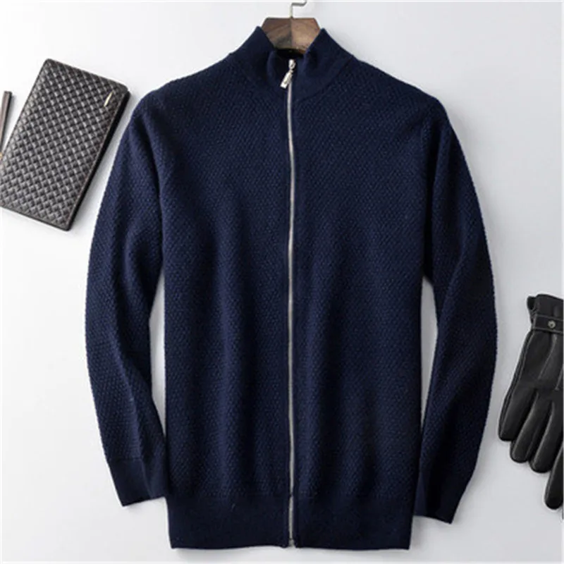 100%cashmere knit men smart casual half high collar zipper H-straight cardigan sweater 3color S-2XL