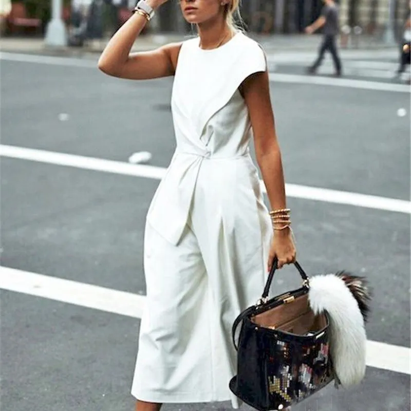 

2019 Black White Summer Elegant Work Wide Leg Jumpsuit Women Overalls Fashion Casual Loose Jumpsuit