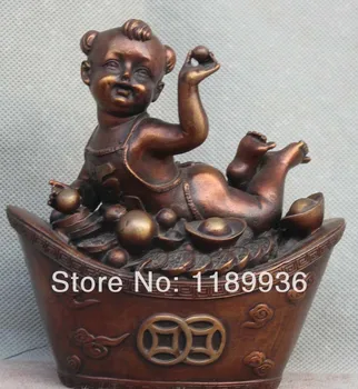 

Lucky Chinese Fengshui Bronze Money Yuanbao With Fu Kid Boy Statue Sculpture