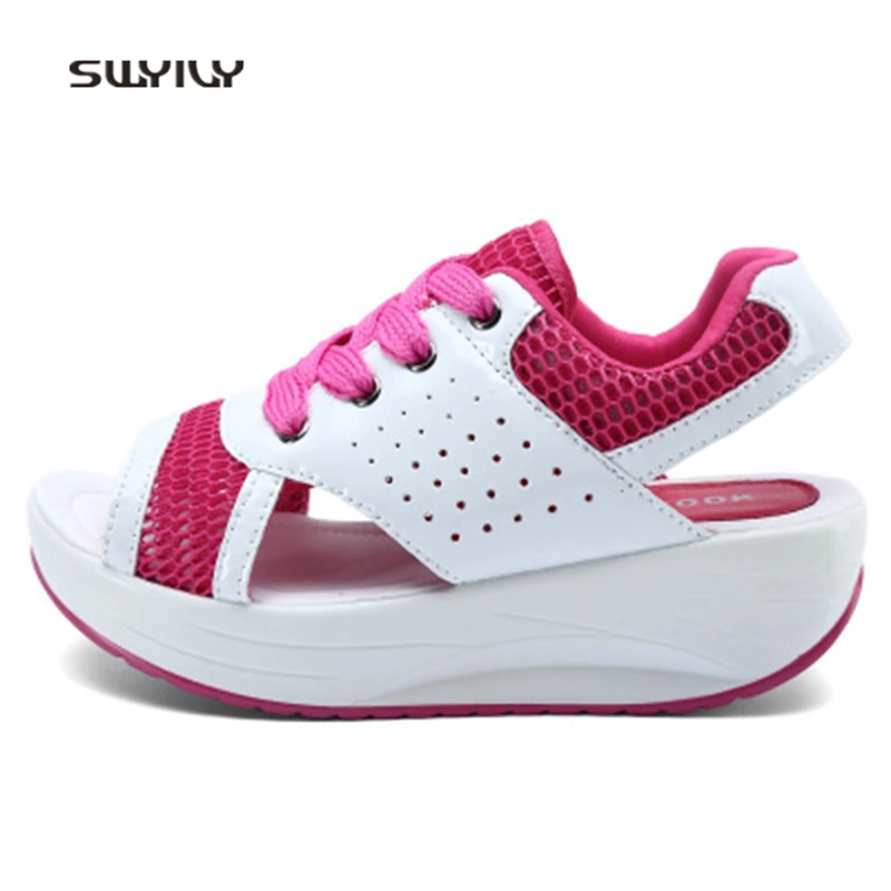 SWYIVY Women Swing Sandals Mesh Breathable Platform Toning Shoes 2018 Summer Height Increashing Lace-up Female Slimming Shoes