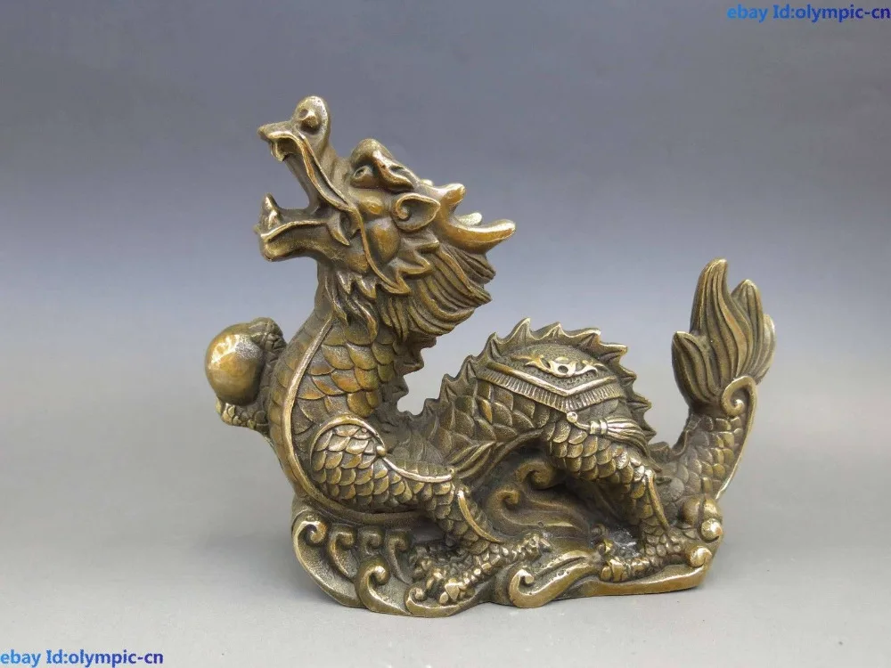 

China brass copper Feng Shui lucky Dragon play bead Sculpture Statue