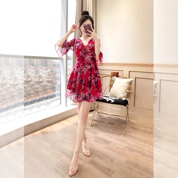 

2019 Mini Dress Sexy Celebrity Print Ruffles Half Draped Women Flare Sleeve V Neck Night Club Body con Party Dresses Wholesale