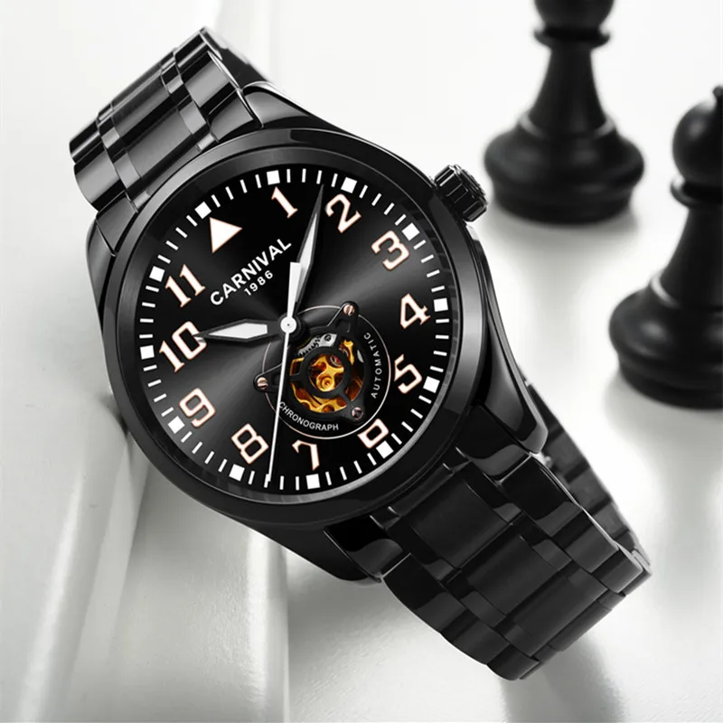 كرنفال العلامة التجارية الفاخرة الميكانيكية ووتش الرجال الجوف خارج الصلب الكامل الرجال الساعات للماء ساعة erkek كول الساعاتي relogio المذكر