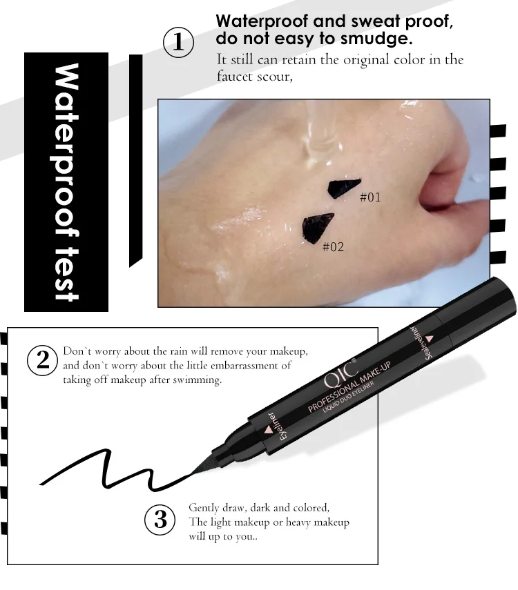 QIC, черная жидкая подводка для глаз, штамп, маркер, карандаш, водонепроницаемый штамп, двухсторонний карандаш для подводки глаз, косметический карандаш для глаз, 2 стиля