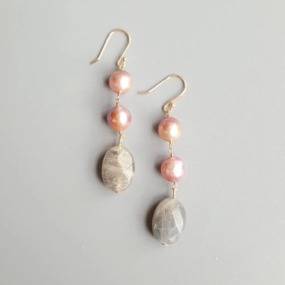 

LiiJi Purple Freshwater Pearl Labradorite Beads Earrings 925 Sterling Silver Gold Color Hook Handmade Drop Earrings