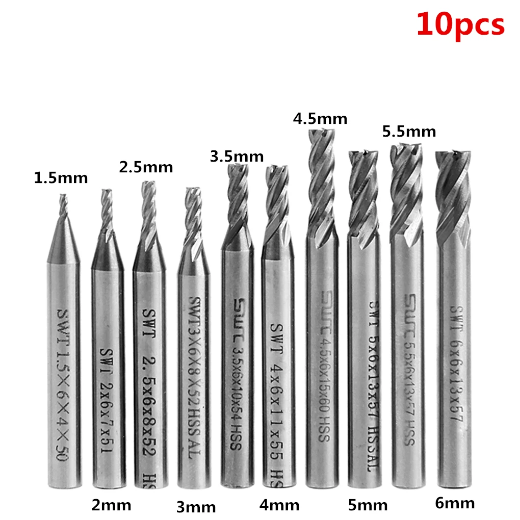 

10pcs 4 Flute HSS Straight Shank Milling Cutter Set CNC Machines Cutter Tool Milling Cutter Tool 1.5/2/2.5/3/3.5/4/4.5/5/5.5/6mm