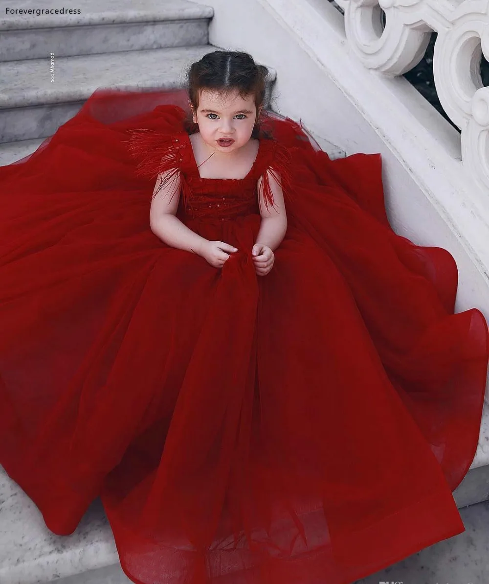 Dark Red Cute Tassel Flower Girl Dresses Princess Ball Gown Toddler Kids Birthday Party Dress Formal Pageant Wear BC0290  92 (2)