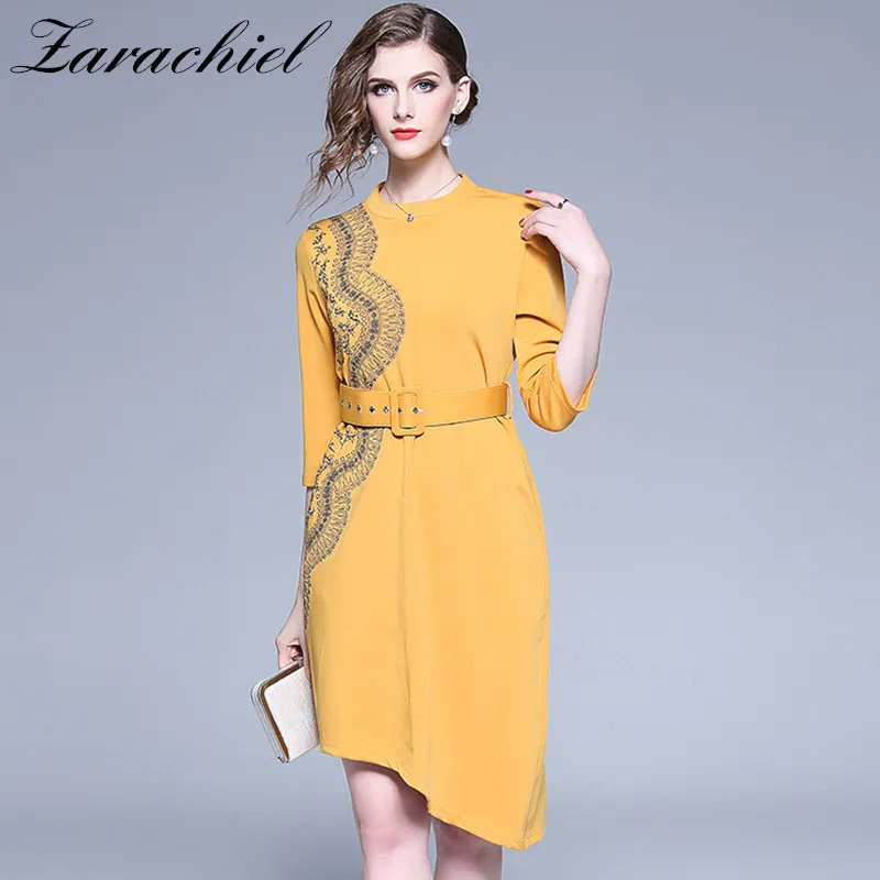 

2019 Spring Women's Plus Size Vintage Embroidery Asymmetric Dress A Line With Belt Three Quarter Sleeve O Neck Office Work Dress