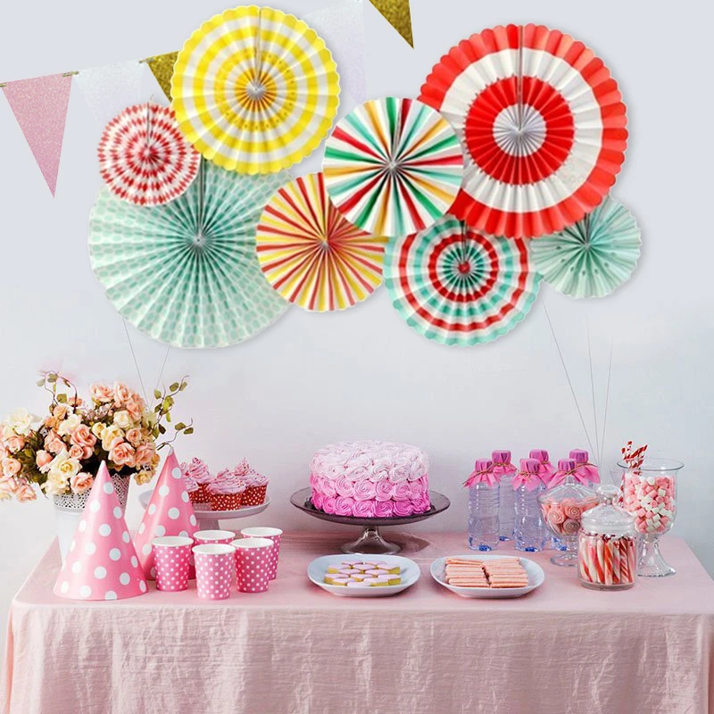 

1Set Paper Rosette Fans Colorful Pinwheels Party Decor Background Garlands Engagement Wedding Hanging Fans Flower Birthday Decor
