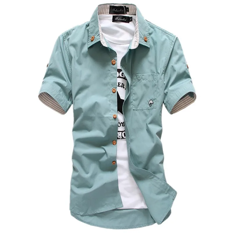 Casual Short Sleeved Shirt Men's Casual Short Sleeve Shirts Dress Shirt Small Mushroom Embroidery Stripe Bordered