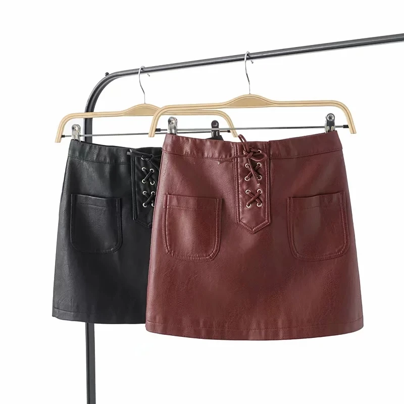 

Black-Burgundy Women PU Leather Mini Skirt 2019 Office Ladies Bandage Chic Skirts Pocket Girls Cool Clothes Jupe Femme Faldas