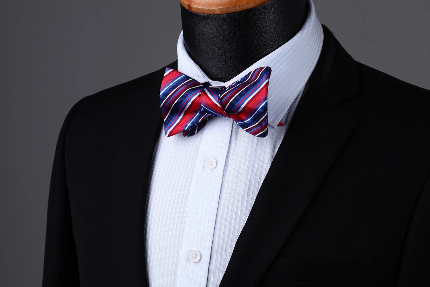 Men Woven Party Wedding Red Blue White Striped Self Bow Tie Pocket Square Set#BS610RS Bow Tie handkerchief set