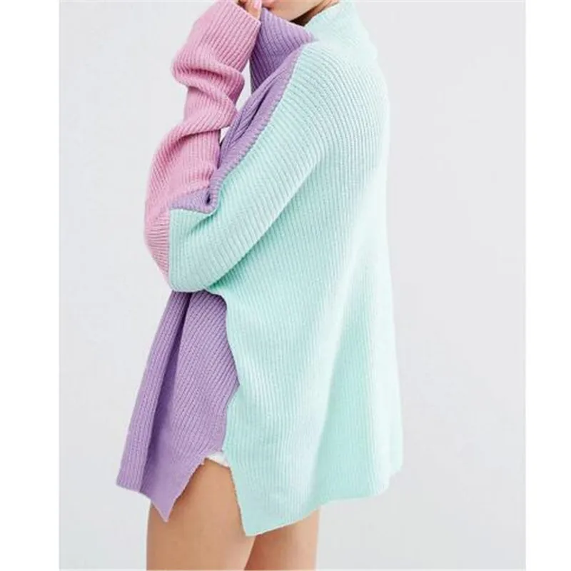 

2018 Purple Spring Turtleneck Sweater Winter Streetwear Split Loose Knitted Pullover Sweater Two Sides Oversize Women Jumper