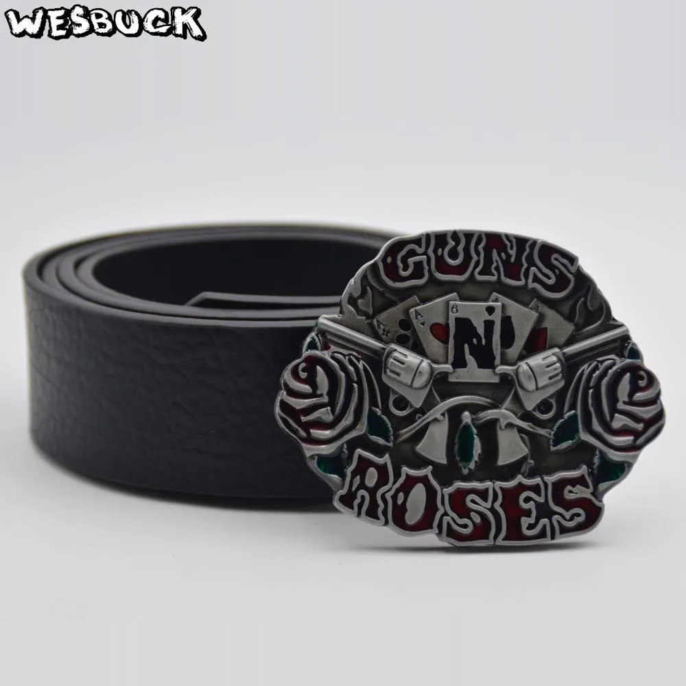

5 PCS MOQ WesBuck Brand Western 3D Double Guns Roses Belt Buckle With Metal Fashion Man Woman Accessories Buckle With PU Belt