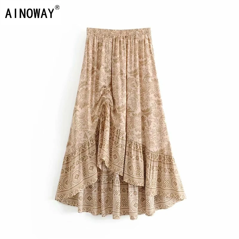 

Chic Hippie women Desert floral printed Drawstring Elastic Waist Bohemian Maxi skirts ladies rayon Asymmetrical boho skirt