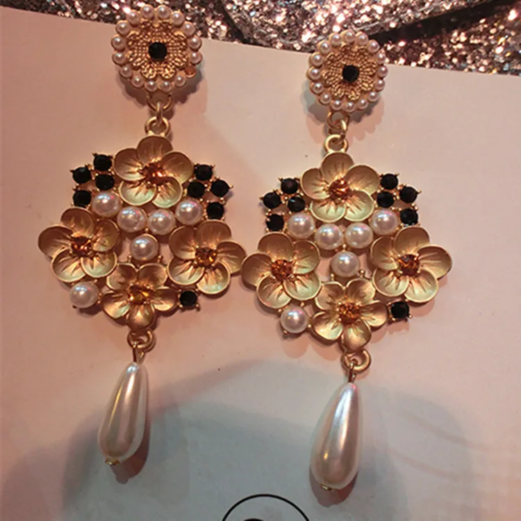 

Free shipping Bohemia baroque crystals cross earring long design big Luxury pearl flower earrings fashion accessories for women