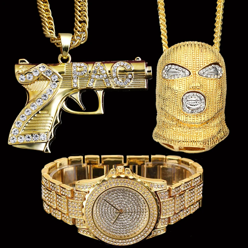 

Hip Hop Iced Out Goon / AK47 Pendants Necklace & Lab CZ Crystal Watch Combo Set