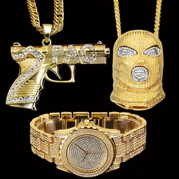 

Hip Hop Iced Out Goon / AK47 Pendants Necklace & Lab CZ Crystal Watch Combo Set