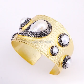 

2PCS ZYZ-B3548 Women Gold Color Nature Pearl Bracelets & Bangles Fashion Cuff Bracelet Big Bangle Bride Wedding Party Jewelry