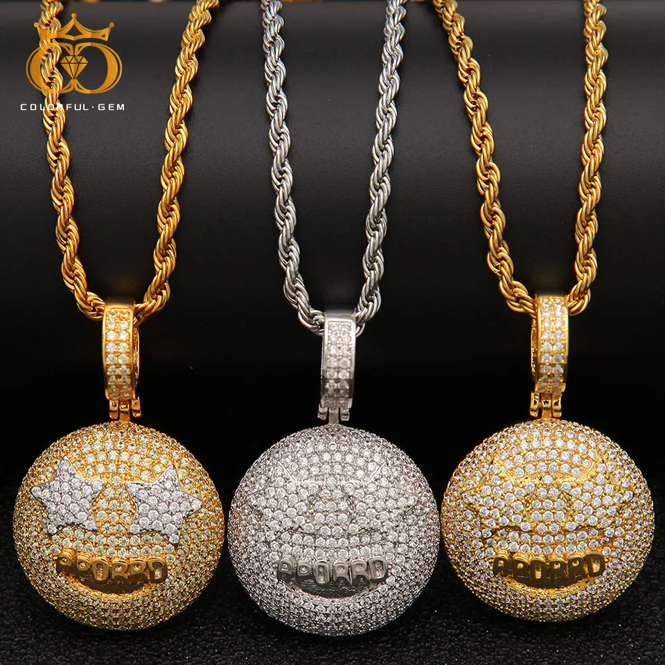 

colorful.gem Hip hop Jewelry Iced Out Emoji Face With star Pendant Necklace Gold Silver Color Cubic Zircon Copper Men's