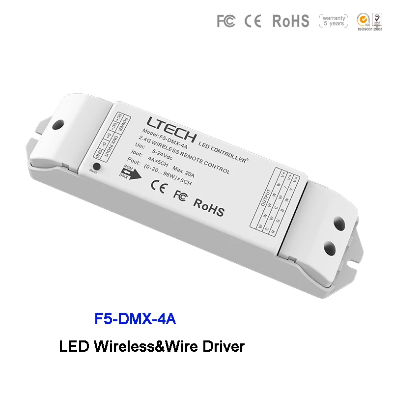 

LTECH DC5-24V Led Wireless Driver controller F5-DMX-4A 2.4GHz RF work with EX touch panel Dimming/CT/RGB/RGBW Led Strip Light