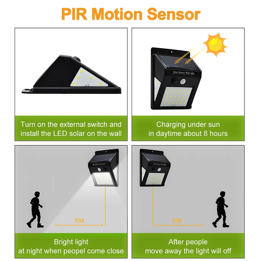 30/40 светодиодный светильник на солнечной энергии PIR датчик движения 4 шт. Солнечная настенная лампа наружная Водонепроницаемая