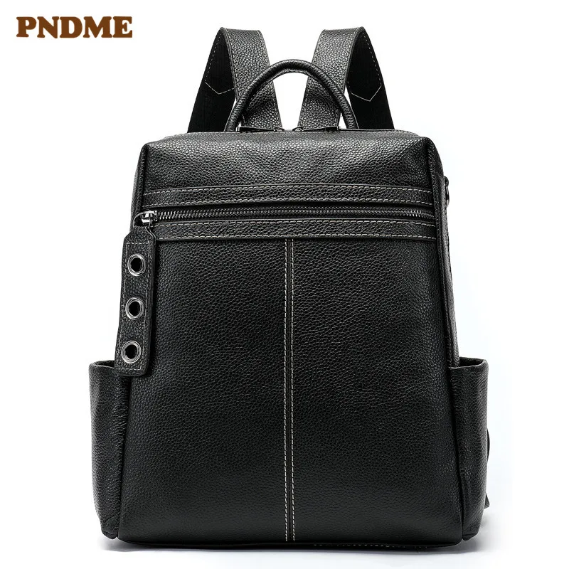 

PNDME fashion simple black genuine leather Women's backpack casual personality waterproof large capacity shoulder bag