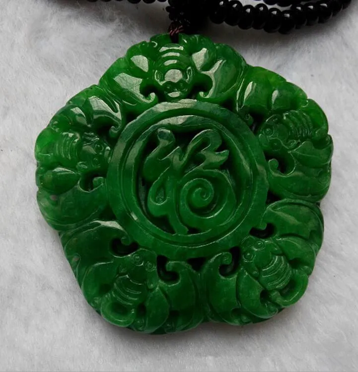 

50*50*8mm TJP Natural myanmar jadeite jade Gan qing Double sided carving Wu fu ling men jadependant necklace