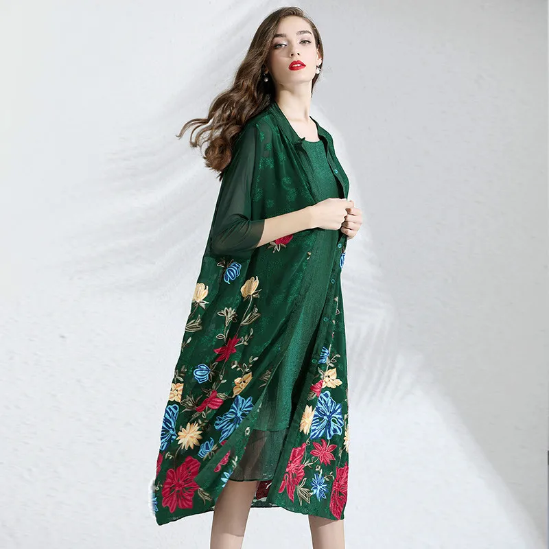 

Dress Suit Summer Women 2019 New Jacquard Embroidered Single Breasted Cardigan + Round Neck Sleeveless Dress 2PCS Set