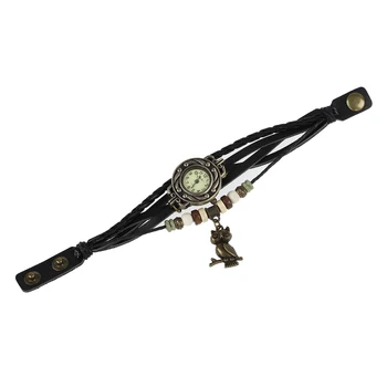 

Bracelet Watch Owl PU Leather Quartz Watch Braid Retro Woman Jewelry Black